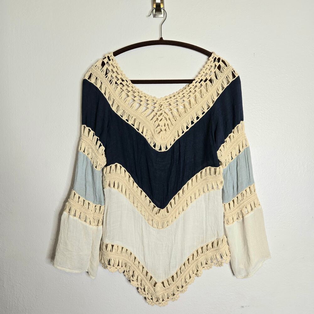 Boho Festival Crochet Gauze Bell Sleeve  Top S V-Neck Beach Summer 70s Hippie